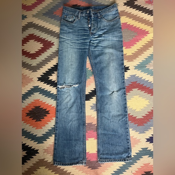 Helmut Lang Vintage Stained Denim Boot Cut Button Fly Jeans - Picture 1 of 10